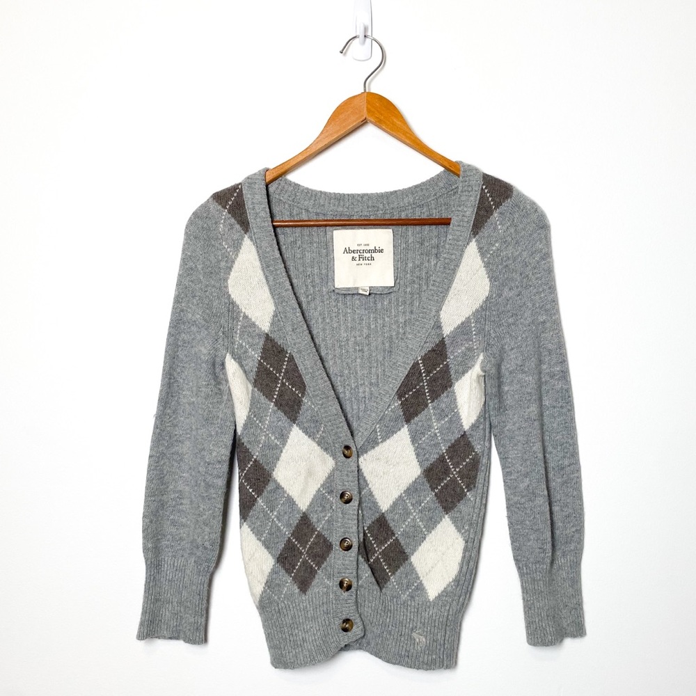 Abercrombie and Fitch Grey Argyle Cardigan